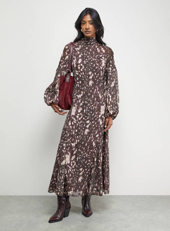 WAREHOUSE Paisley Burnout Spot High Neck Godet Midi Dress 12